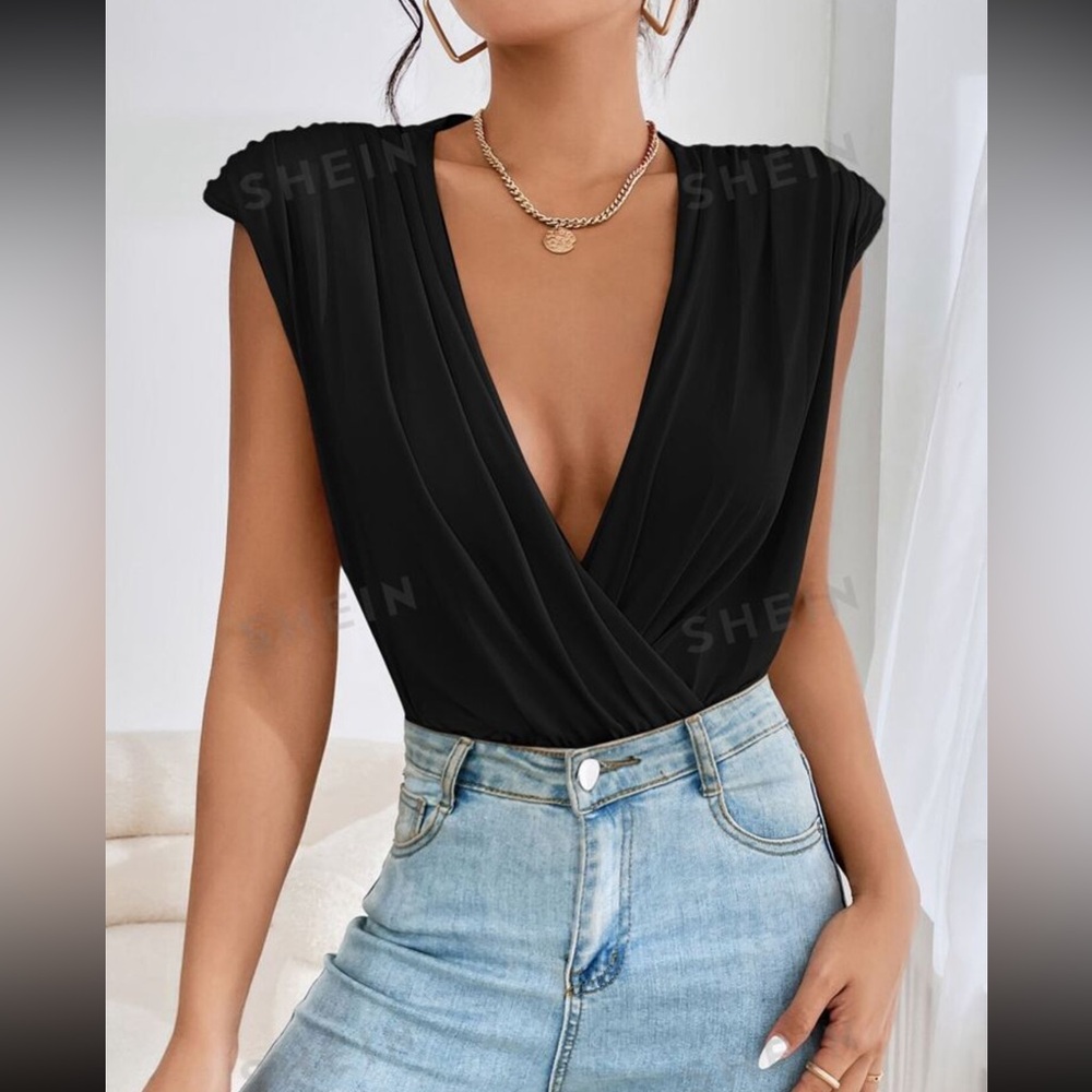 Prive ruched shoulder pads black plunging neck body suit .